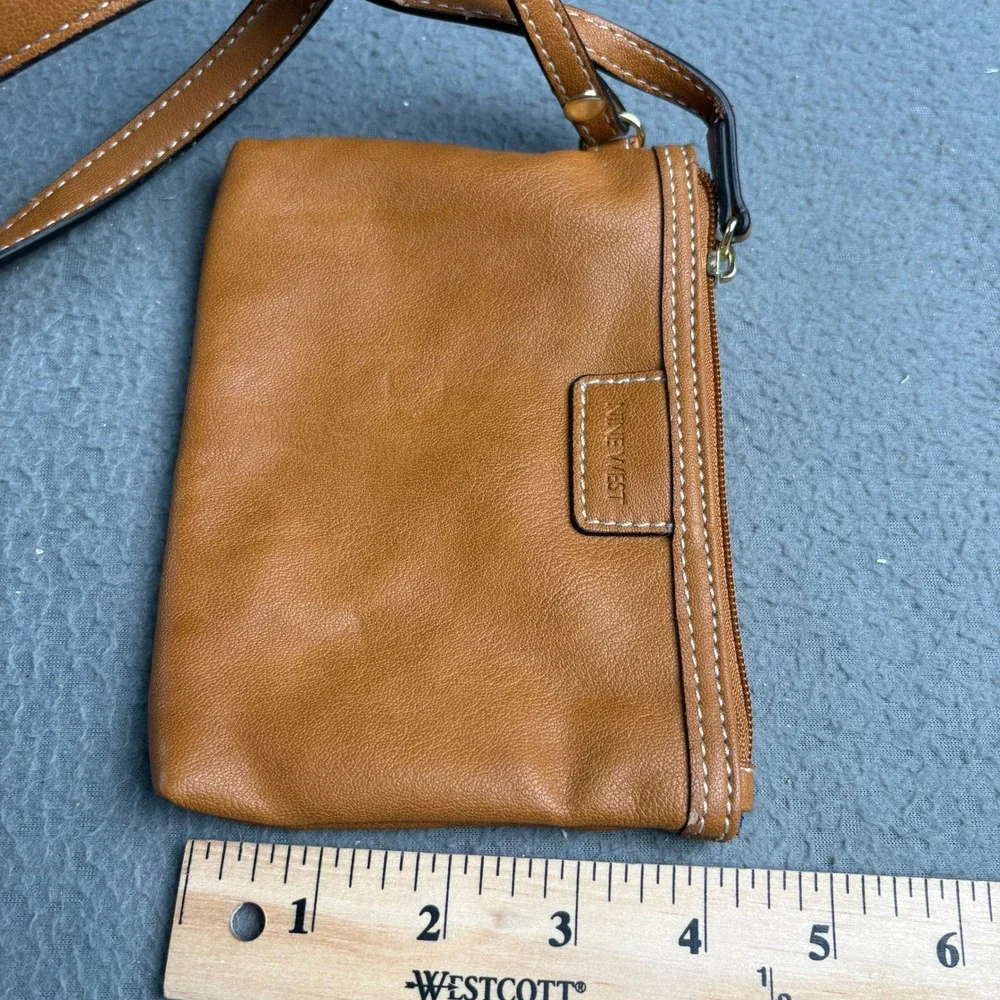 Nine West Cognac Brown Faux Leather Wristlet Pouch with Blue Lining
